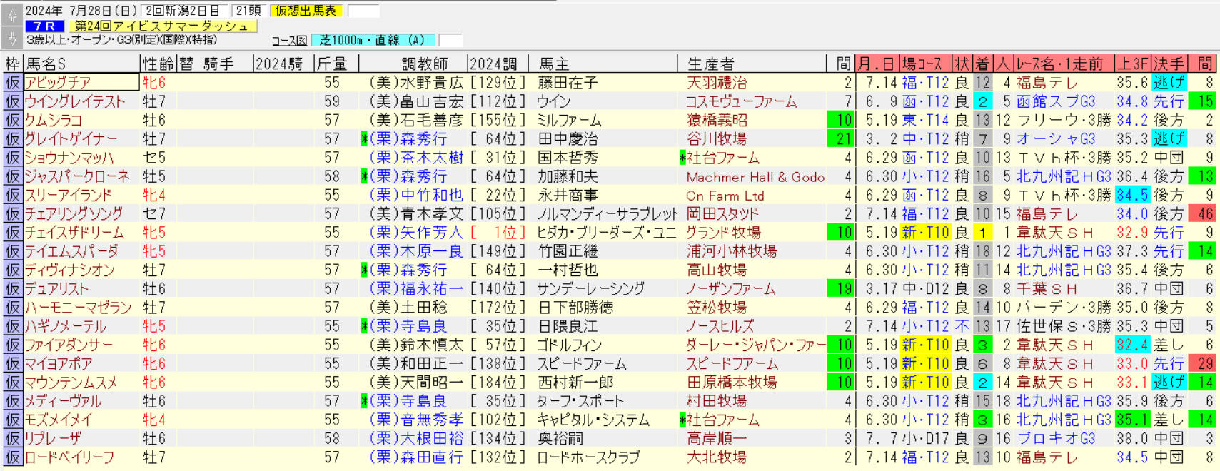 アイビスサマーダッシュ2024仮想出馬表