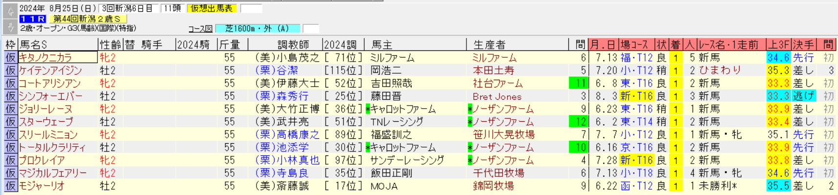 新潟2歳ステークス2024仮想出馬表